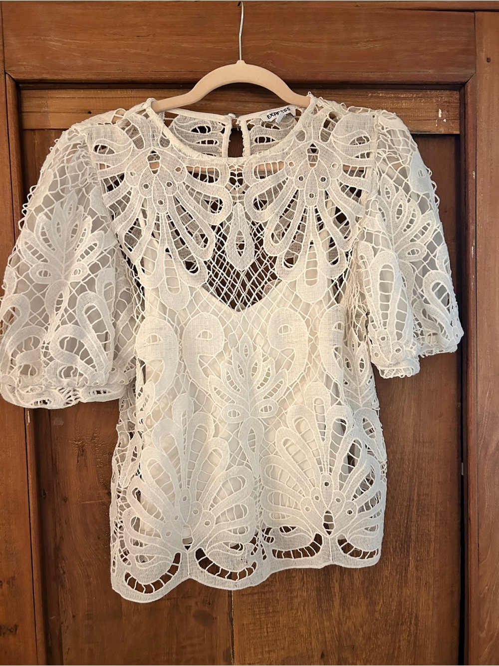 Express White Lace Crochet Puff Sleeve Top